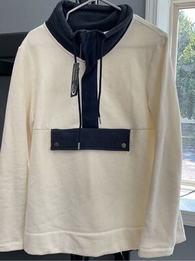 L.L.Bean Signature Ivory & Navy Cowl Neck Pullover Sweatshirt